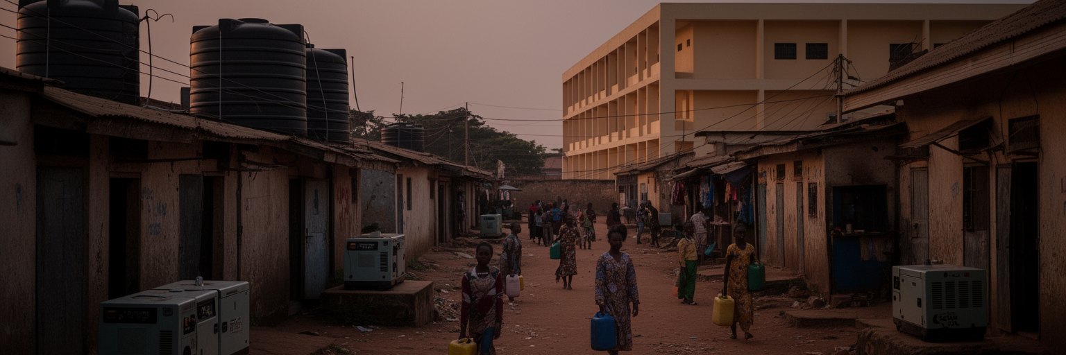 アブジャの給水タンク、発電機、住宅地、学校、夜の商店を表す景観