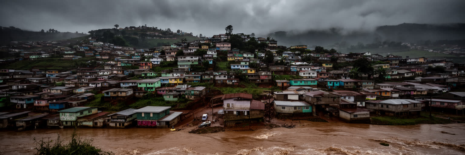 アンタナナリボの雨季、排水路、斜面、低地の洪水リスクを表す景観