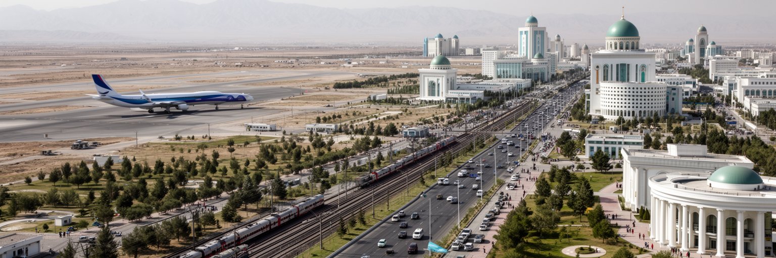アシガバートの空港、鉄道、道路、イラン国境、中央アジア回廊を表す景観