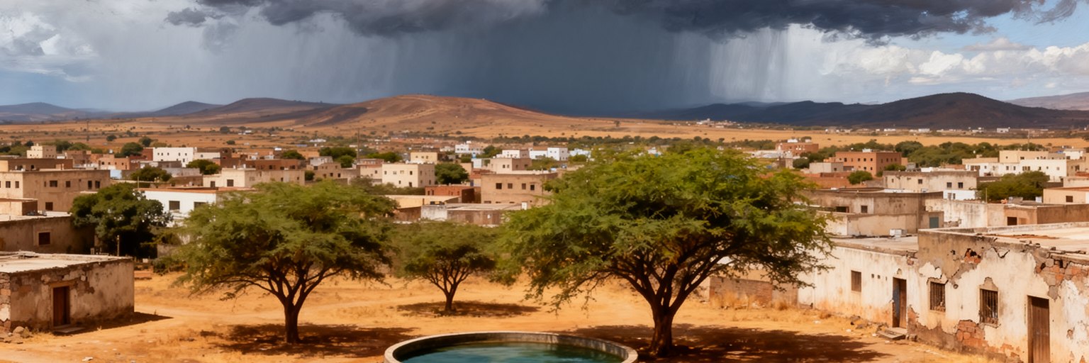 アスマラの乾いた高地、雨季の雲、貯水、街路樹、住宅地を表す気候景観