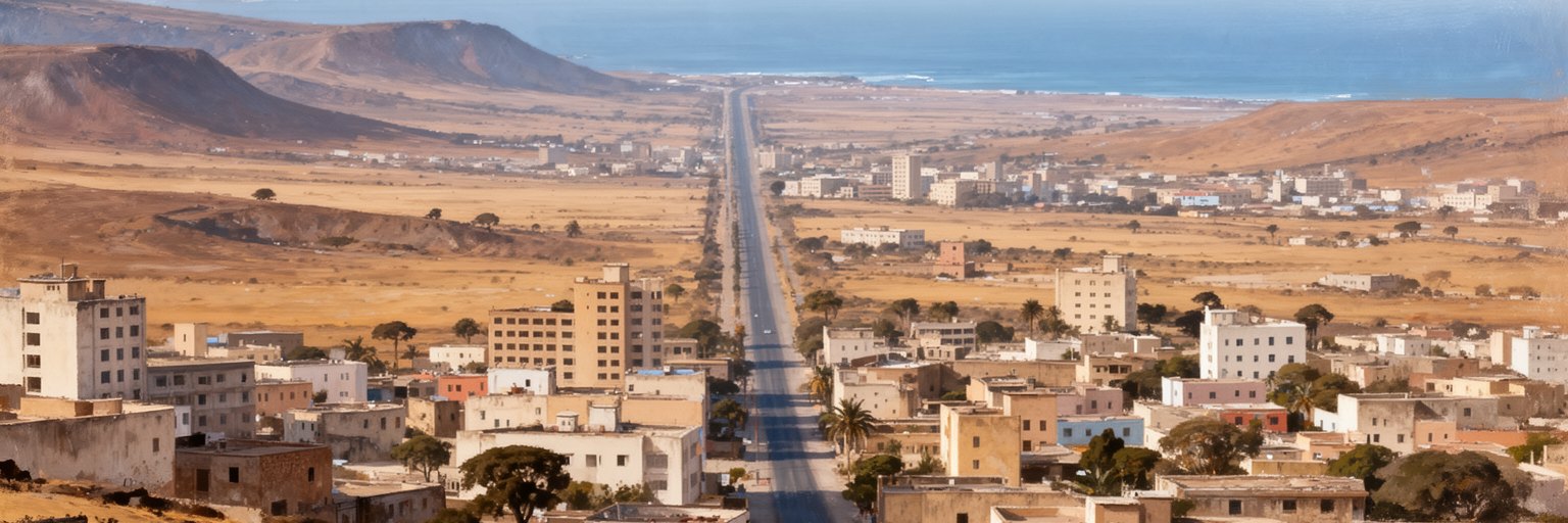 アスマラの高地、乾いた丘陵、並木道、低層の街並み、遠い紅海への道を表す景観