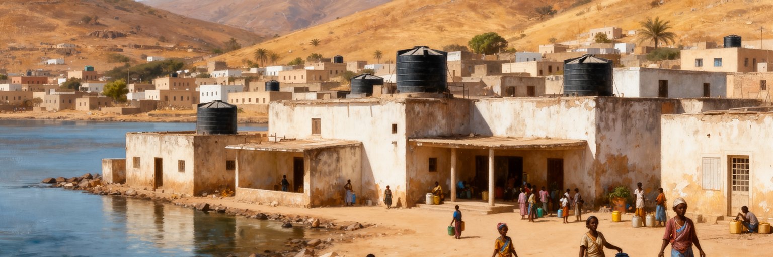 アスマラの住宅地、水くみ、貯水タンク、乾いた丘、低層住宅を表す生活景観