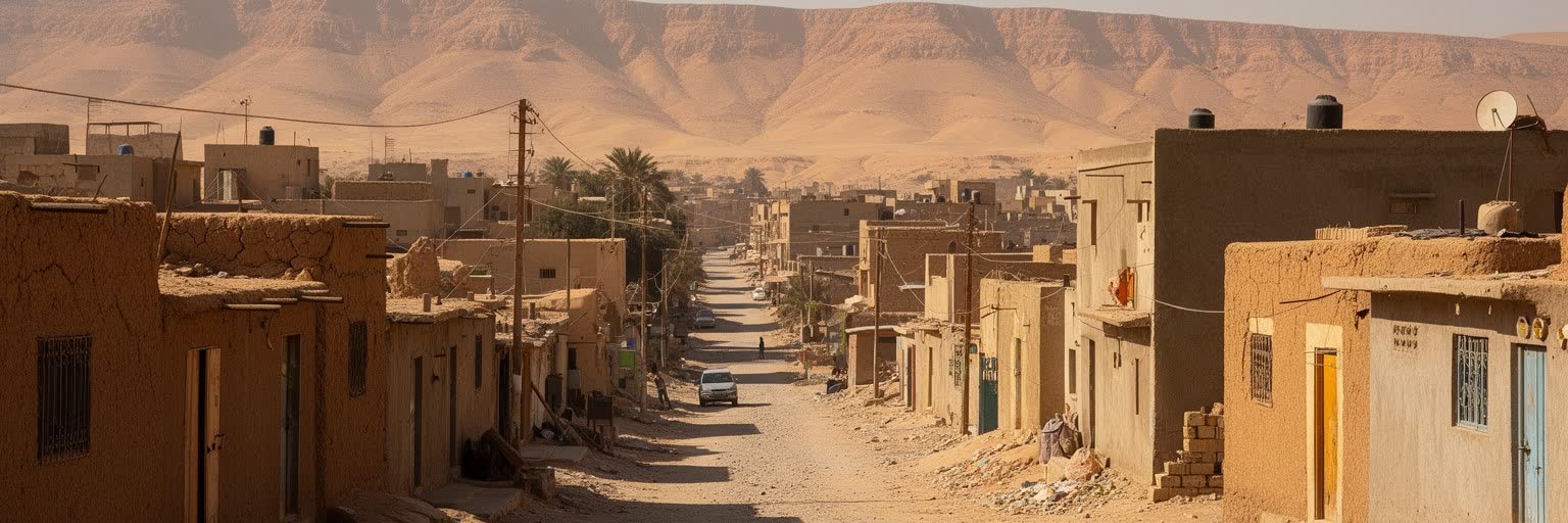 アスワンの暑さ、住宅地、日陰の街路を表す画像