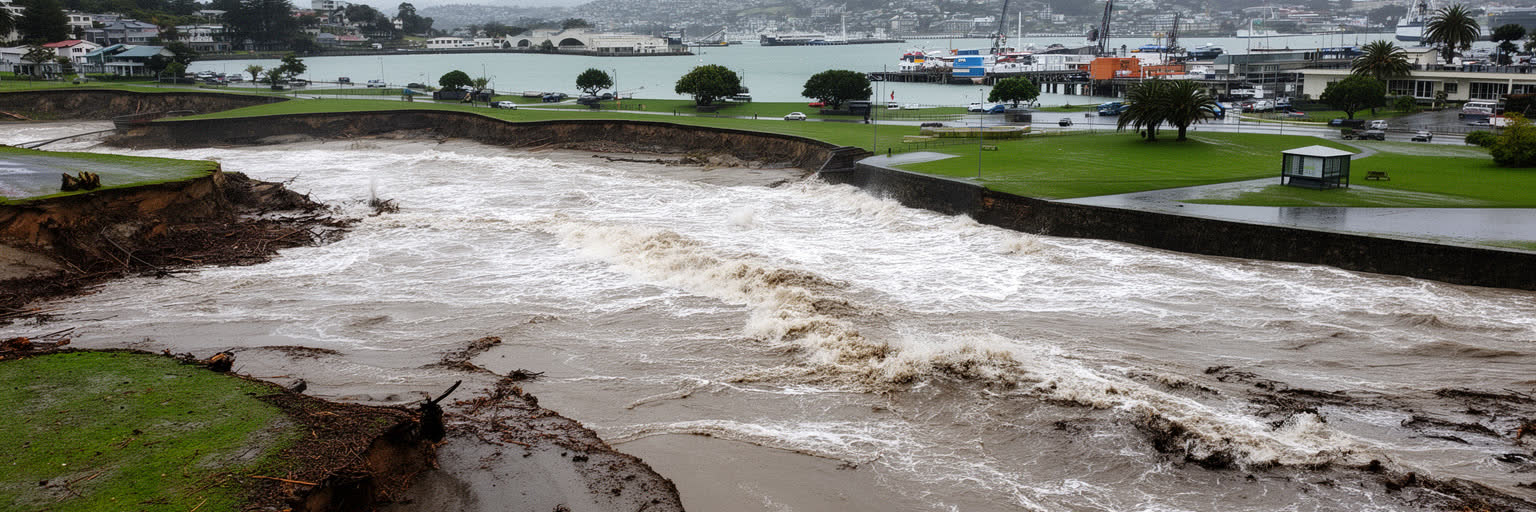 雨雲、海岸、崖、排水路、海面上昇に備えるオークランドの気候景観