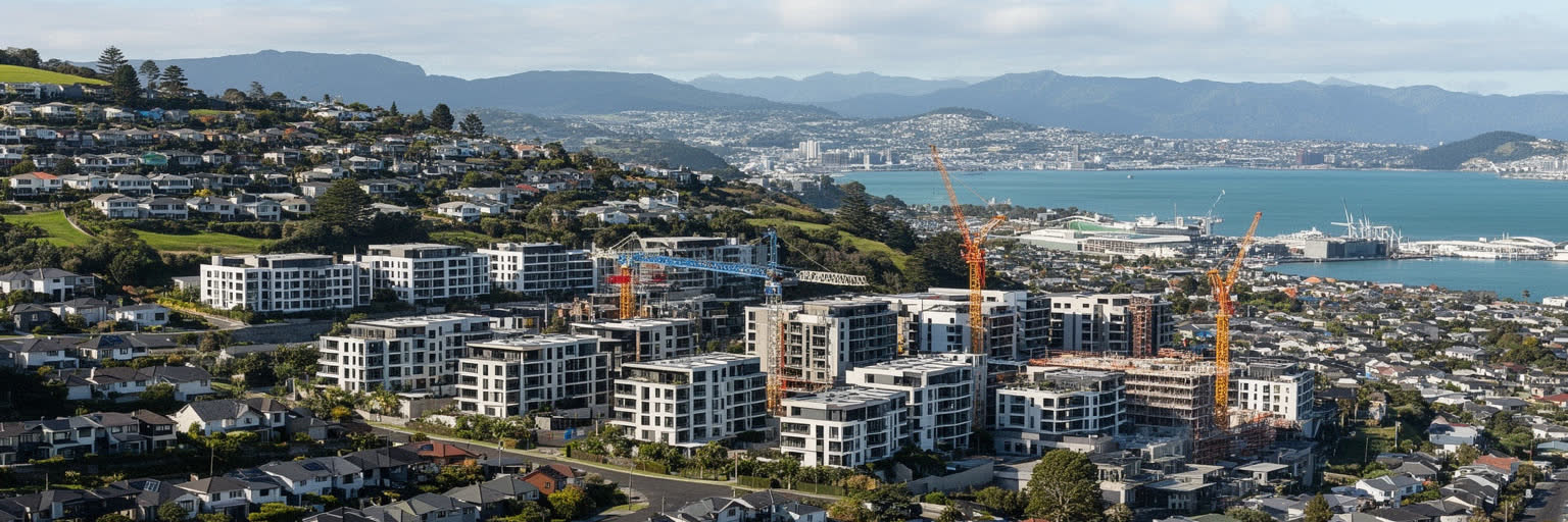 集合住宅、郊外住宅、高速道路、建設現場が広がるオークランドの住宅成長