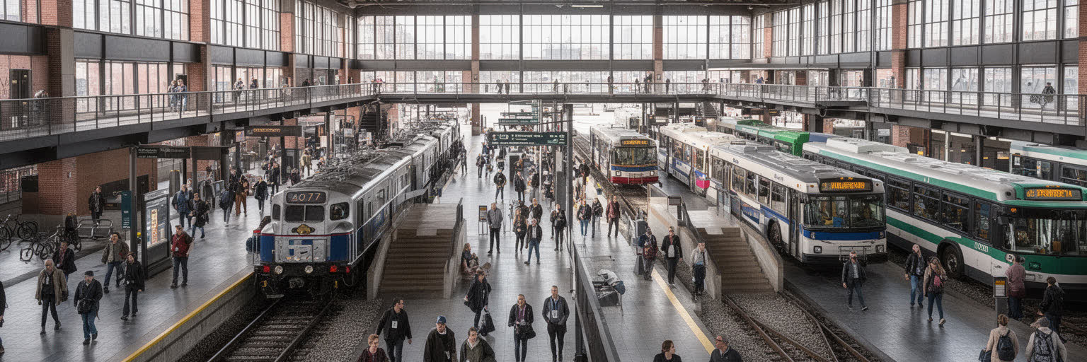 ボルチモアのペン駅、ライトレール、港湾鉄道、バス、通勤路を表す景観