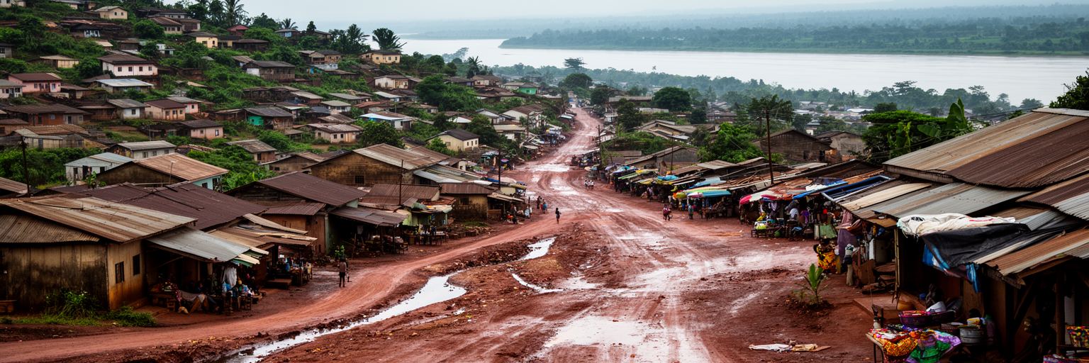 バンギの地区、丘陵住宅、低地、市場、未舗装道路を表す景観
