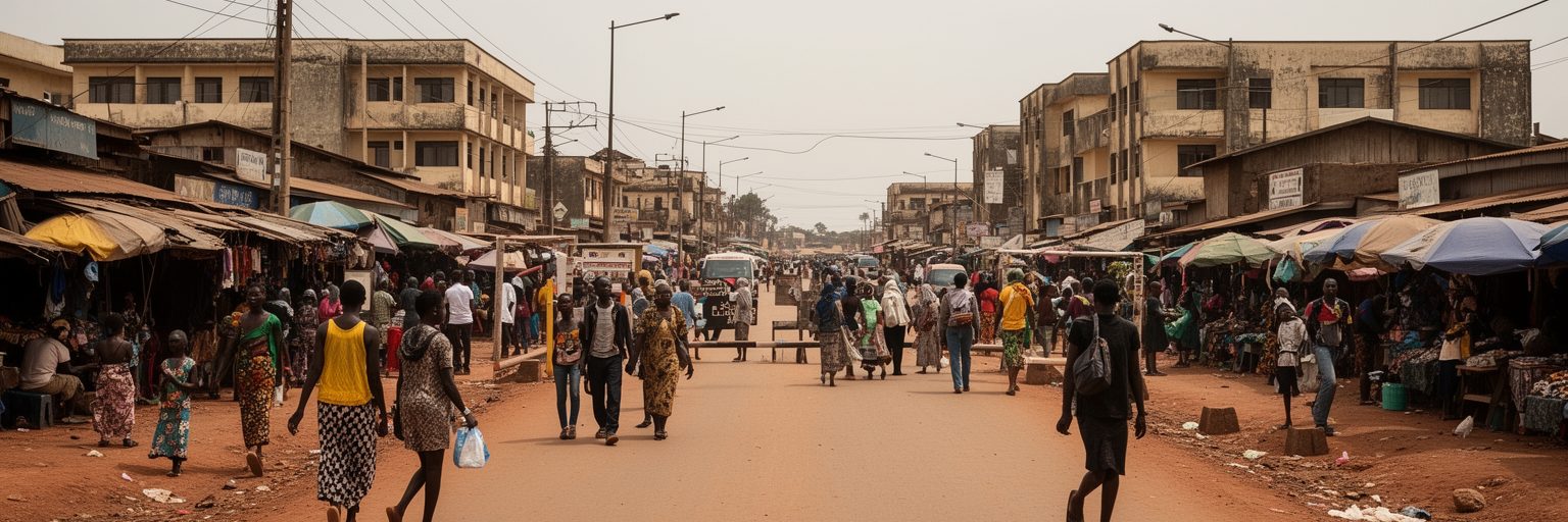 バンギの検問、住民の移動、公共施設、治安回復を表す景観
