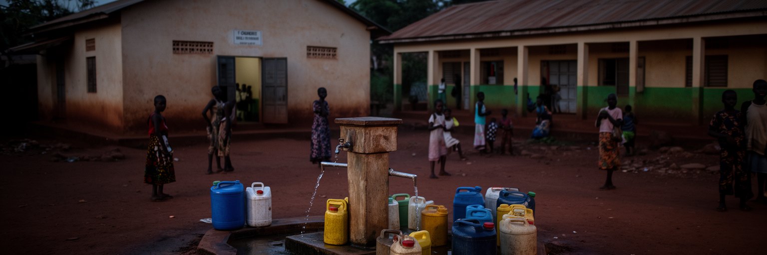 バンギの給水、停電、学校、診療所、生活道路を表す景観