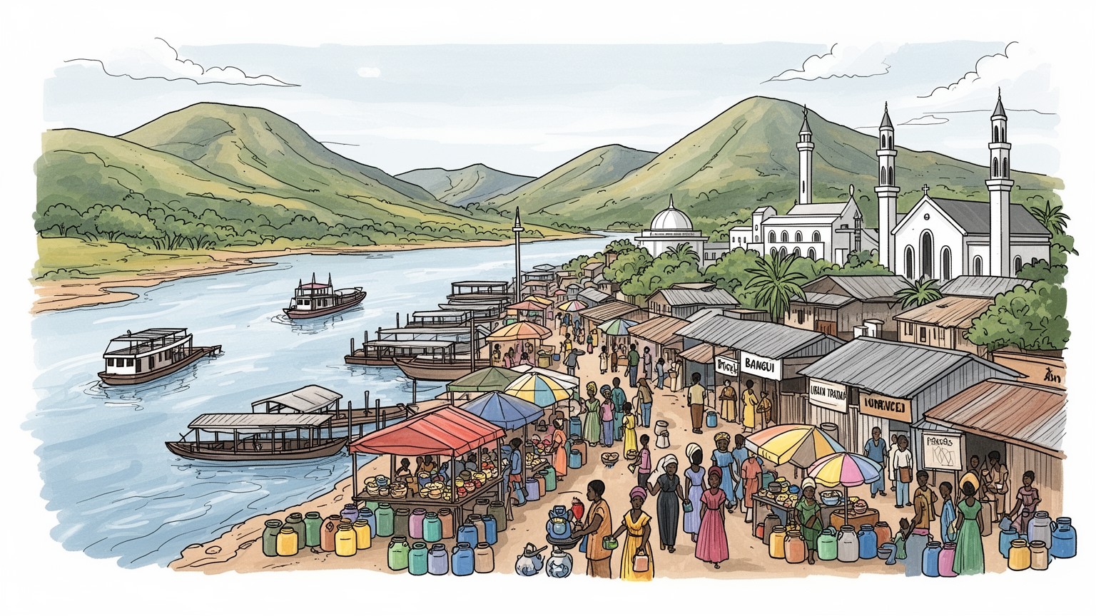 バンギの河港、市場、丘陵、宗教、国境、生活インフラを抽象的に表す手描き風ビジュアル