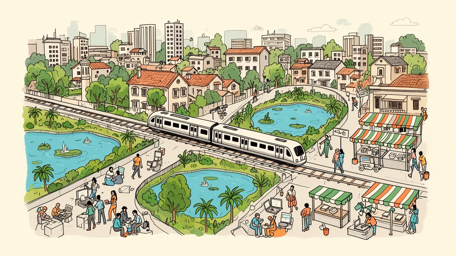 ベンガルールの高原都市とIT回廊を表す抽象的なイラスト