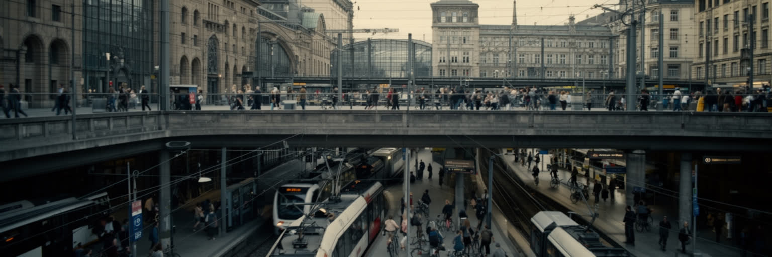 ベルン中央駅、トラム、バス、自転車、橋、通勤者が交差する交通景観