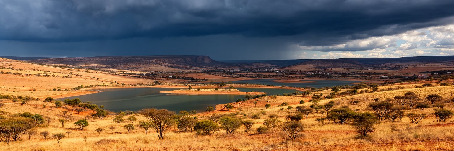 ブルームフォンテーンの夏雨、乾いた冬、貯水、草原、住宅地を表す景観