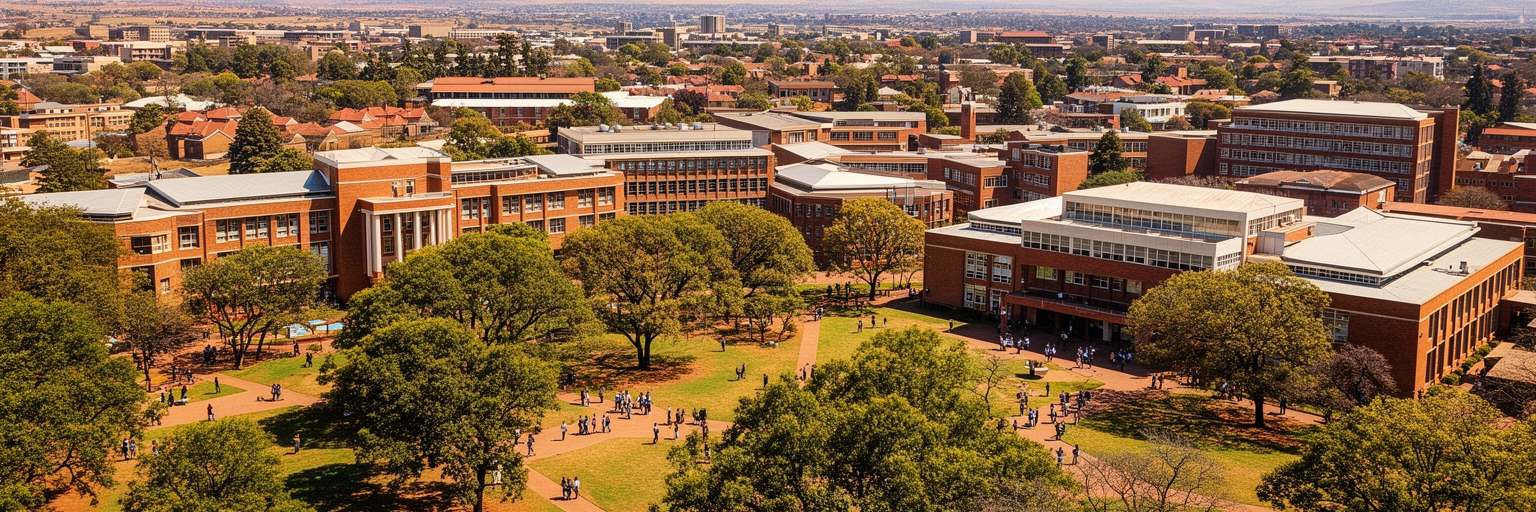 フリーステート大学、学生、研究、病院、図書館を表すブルームフォンテーンの景観