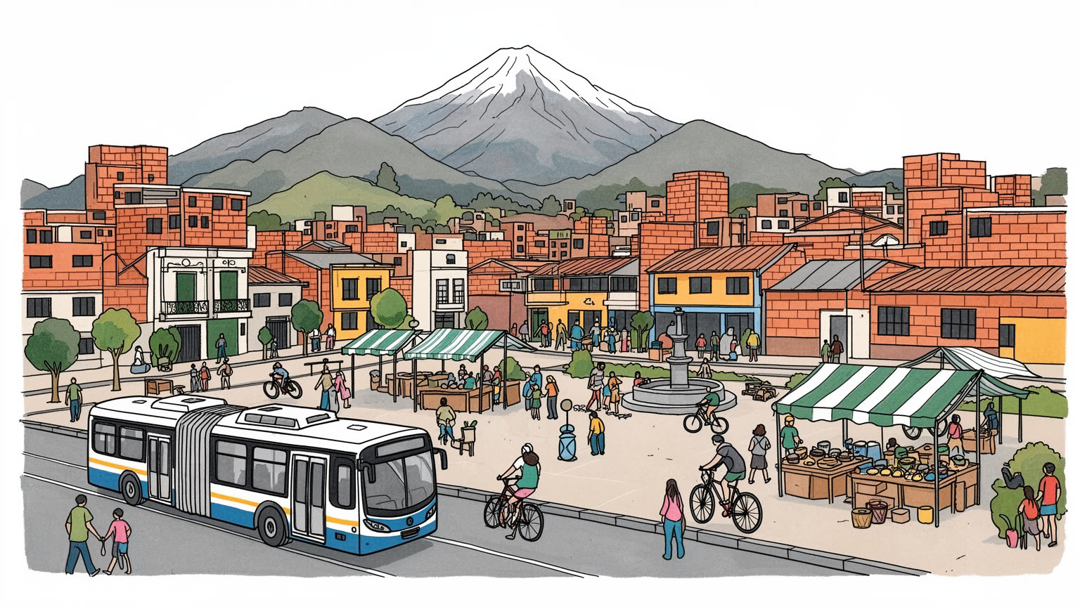 ボゴタの高原、BRT、山裾の街路を表す抽象的なイラスト