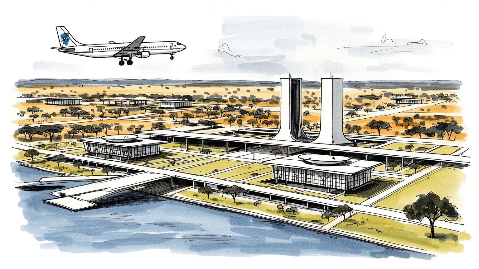 ブラジリアの官庁軸、セラード、湖、衛星都市を抽象的に表す手描き風ビジュアル