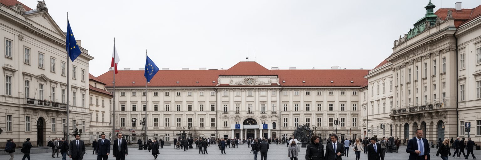 ブラチスラヴァの政府機関、EU旗のある広場、近代的な行政地区を表す画像