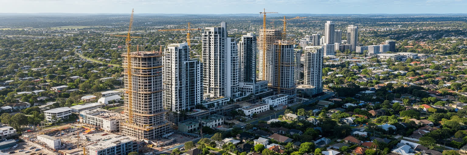 集合住宅、郊外分譲地、建設クレーン、川沿い再開発が進むブリスベンの住宅成長