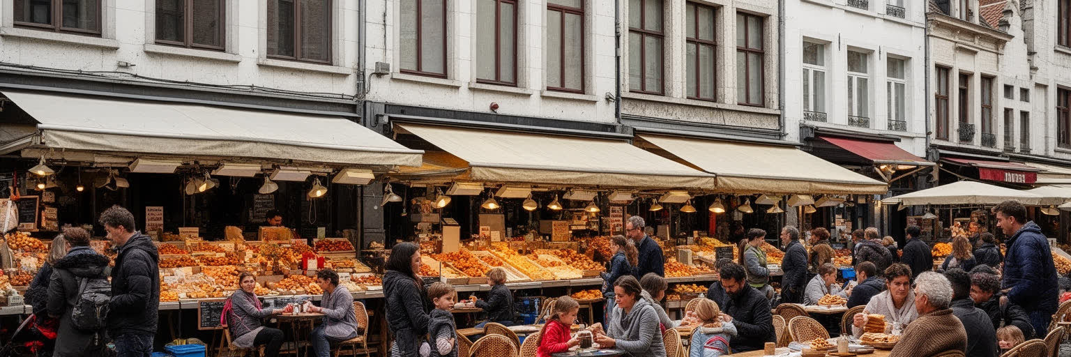 ブリュッセルの市場、ビール、ワッフル、フリット、移民食堂、近隣の食卓を表す日常風景