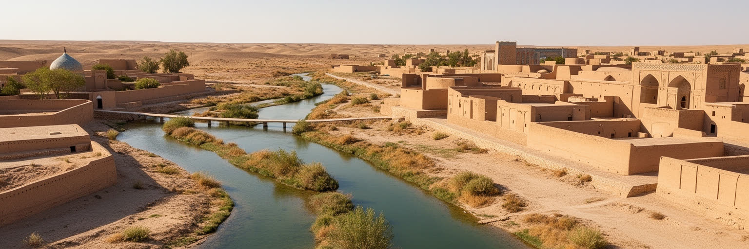 ブハラのオアシス、水路、中庭を表す画像