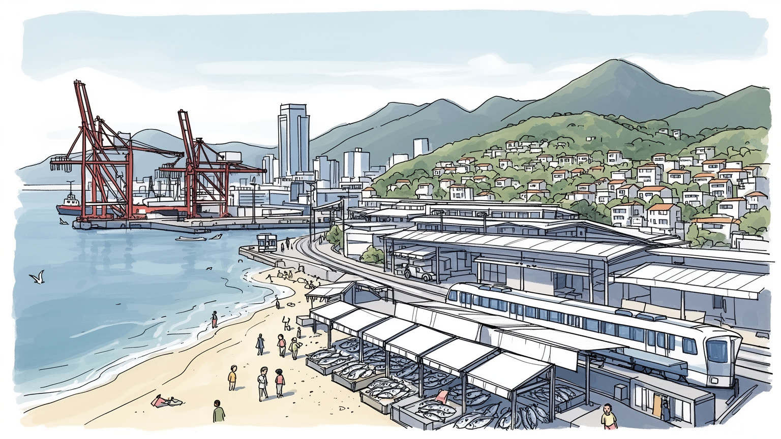 釜山の港湾、山腹住宅、海辺の生活を表す抽象的なイラスト