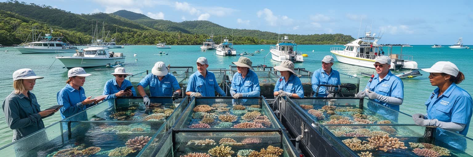 ケアンズの海洋研究、サンゴ保全、港湾と教育を表す景観