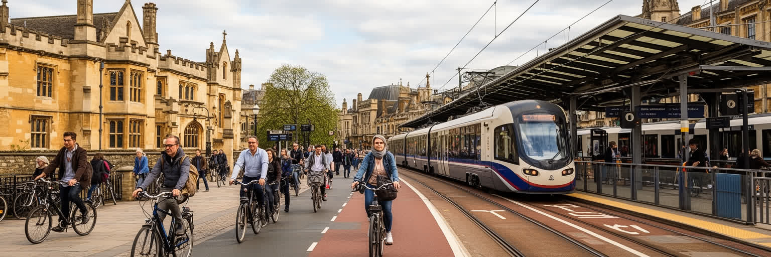 自転車、バス、駅、狭い街路、研究地区への通勤が重なるケンブリッジの交通景観