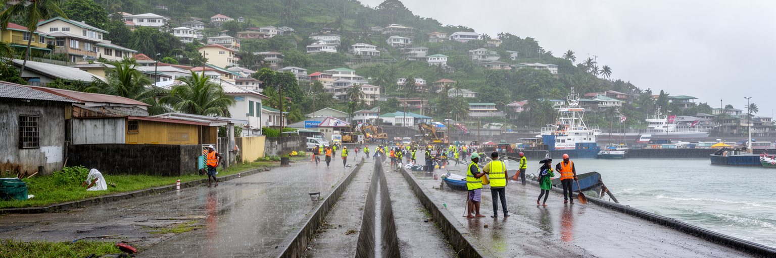 カストリーズの強雨、港湾防災、排水、斜面住宅を表す画像