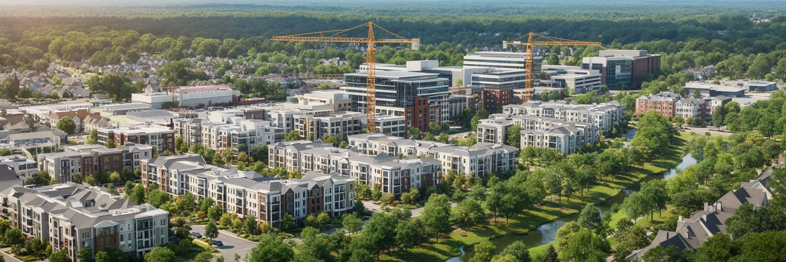 新しい集合住宅、郊外開発、学校、道路が広がるシャーロットの南部成長都市景観