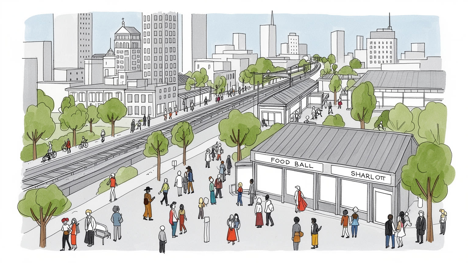 シャーロットの銀行街、並木、住宅地、鉄道、スポーツ、南部文化を抽象的に表すビジュアル