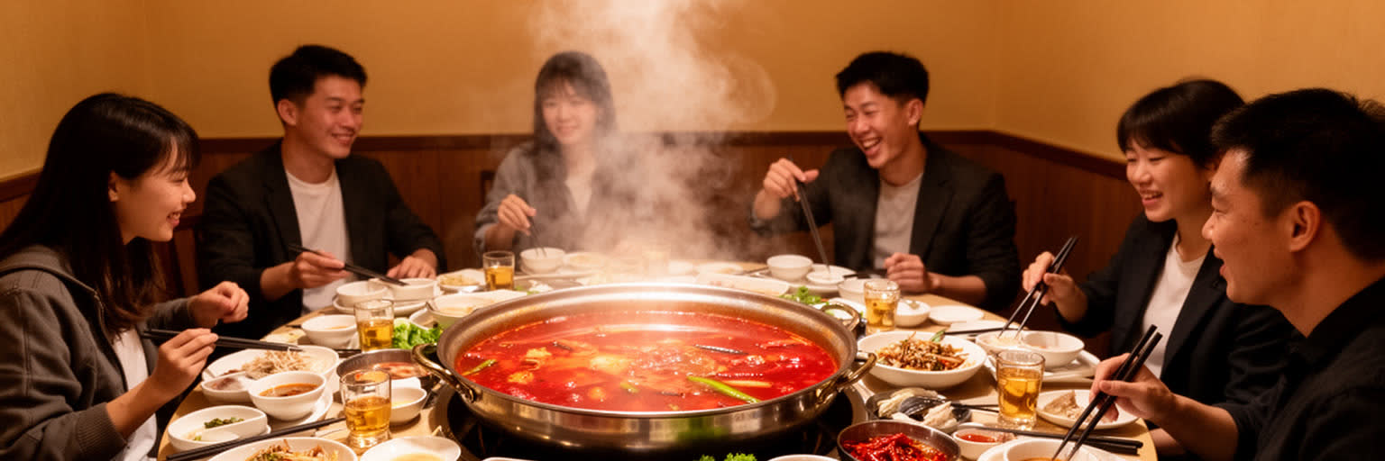 成都の火鍋、香辛料、市場、家族や友人が囲む食卓を表す景観
