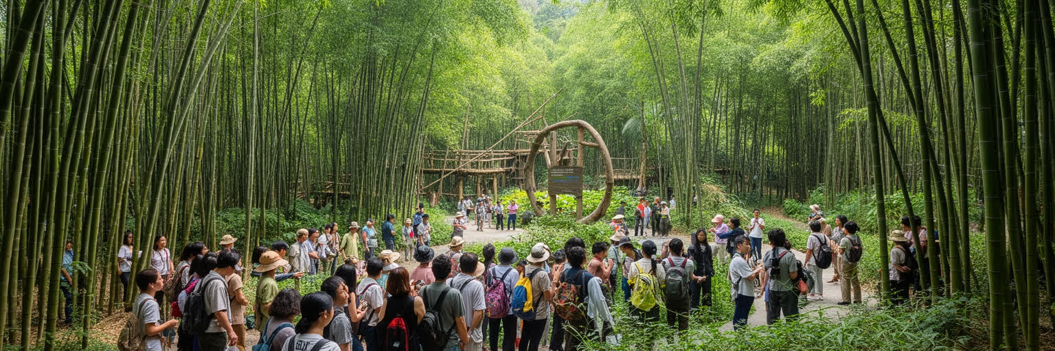成都のパンダ観光、竹林、保護研究、家族旅行、自然ブランドを表す景観