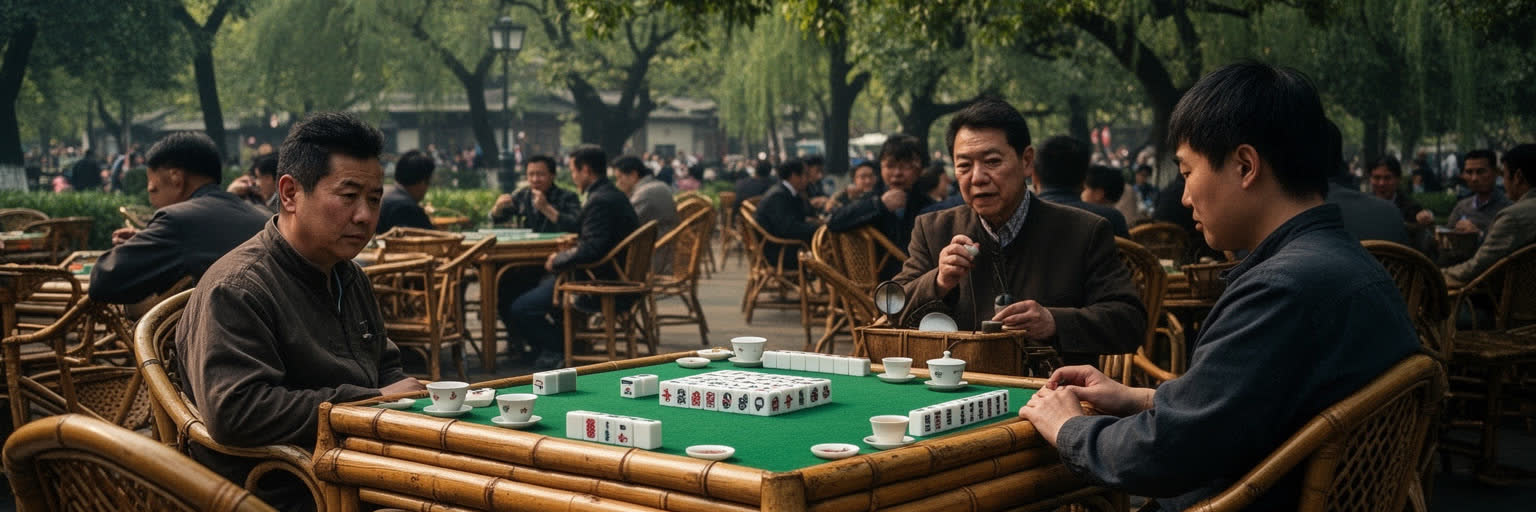 成都の茶館、公園、竹椅子、耳掃除、会話する市民の日常風景