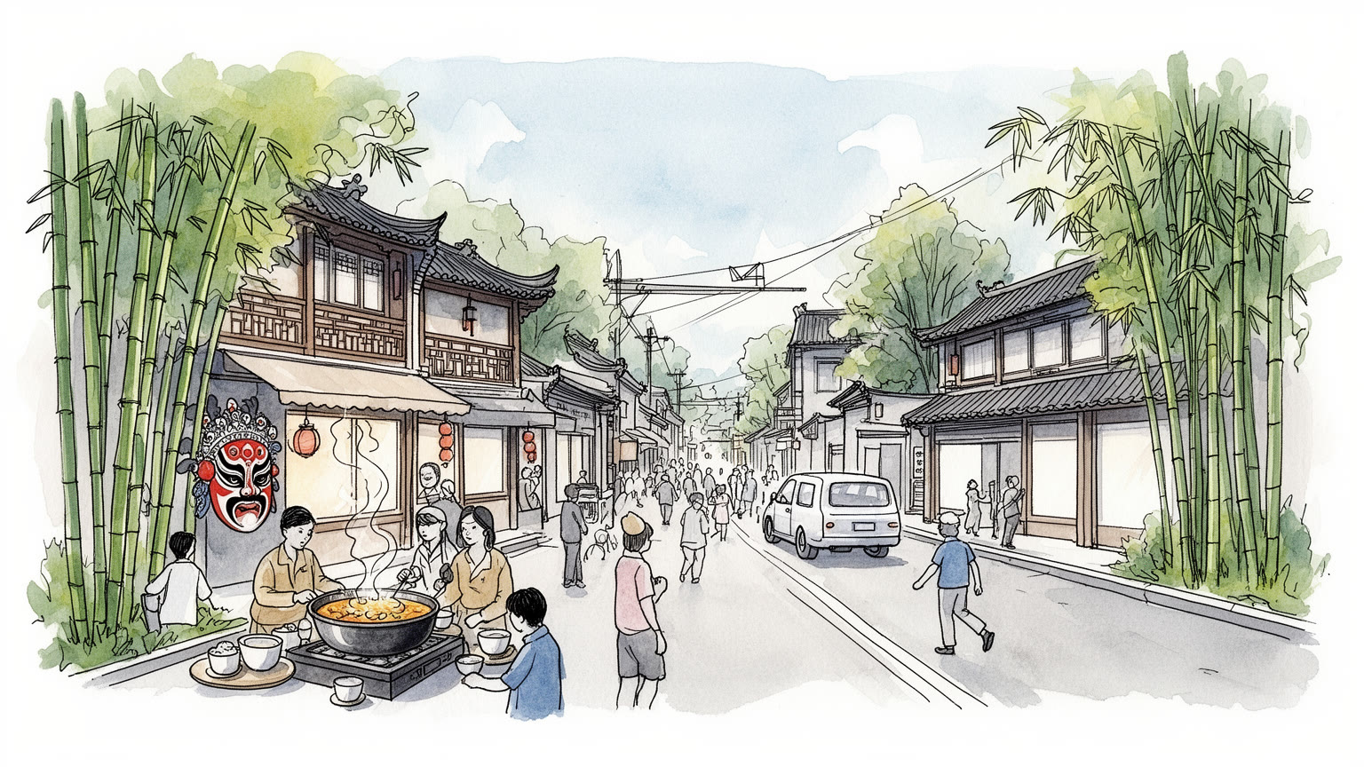 成都の茶館、火鍋、寺院、竹林、鉄道、高層住宅を抽象的に表すビジュアル