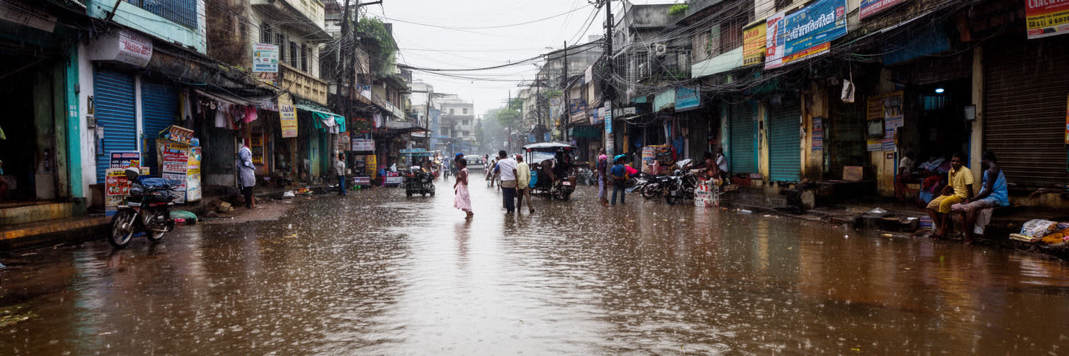 チェンナイの水不足、豪雨、洪水リスクを表す画像