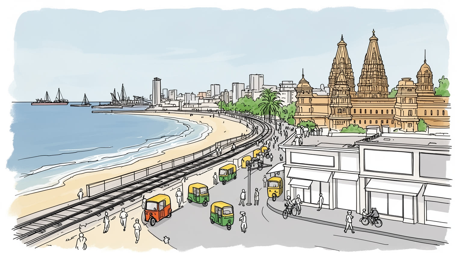チェンナイの街路と海岸を表す抽象的なイラスト