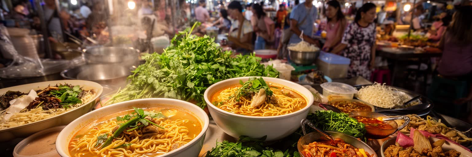 チェンマイの食市場と北タイ料理を表す画像