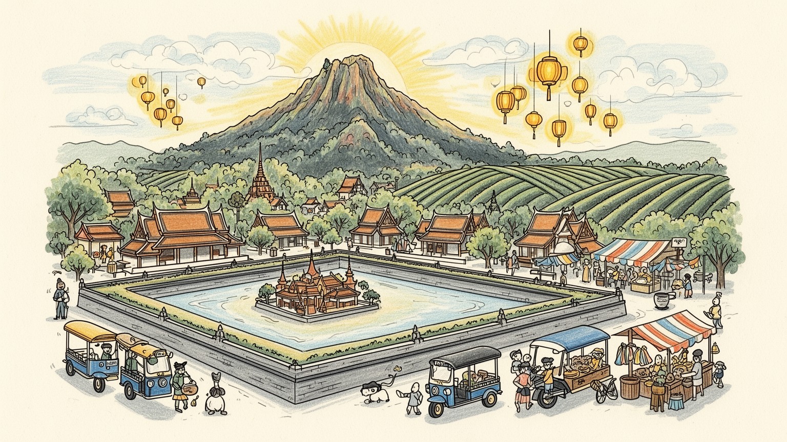 チェンマイの堀、寺院、山、夜市を表す抽象的な都市ビジュアル