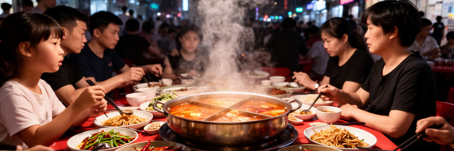 火鍋の湯気、山坂の食堂、夜市、家族や労働者の食卓が重なる重慶の食文化景観