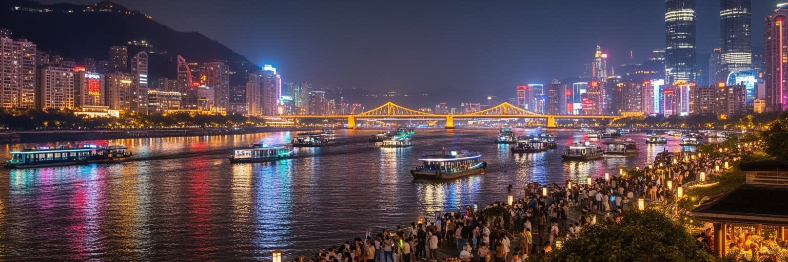 洪崖洞、両江の夜景、橋、高層ビル、観光船が重なる重慶の夜景観光