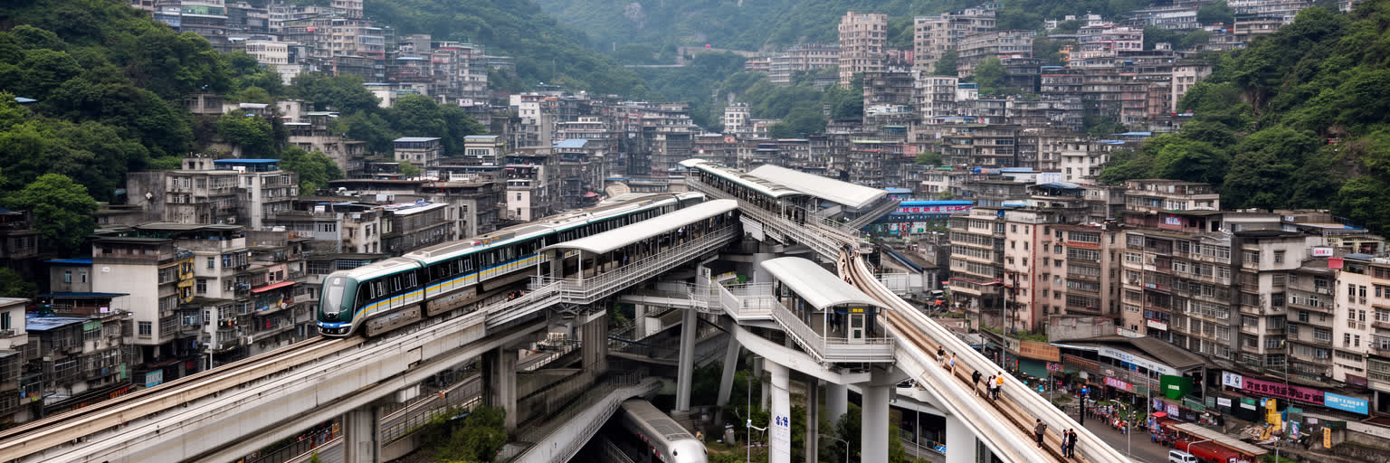 重慶の軌道交通、ビルを抜けるモノレール、橋、駅、通勤者が重なる交通景観