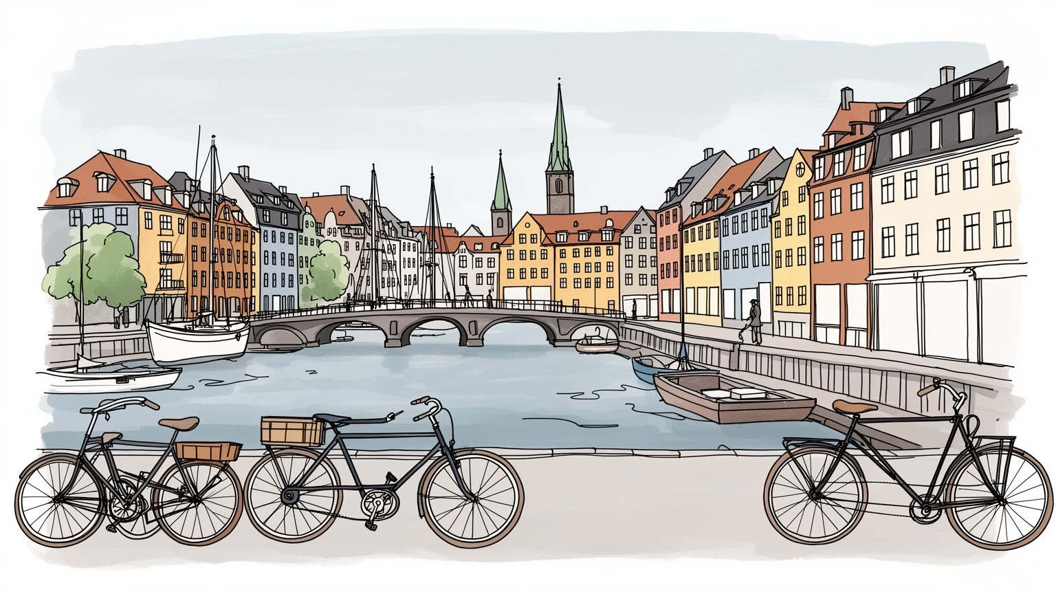 コペンハーゲンの水辺と自転車都市を表すイラスト