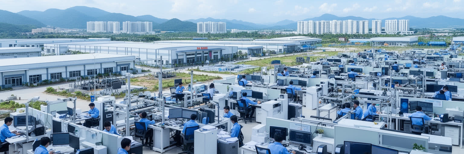 ダナンのハイテク産業、教育、港湾物流を表す景観