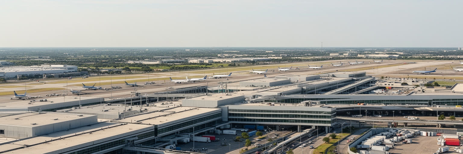 DFW空港、貨物施設、高速道路、倉庫、航空会社、トラック輸送が重なる物流景観
