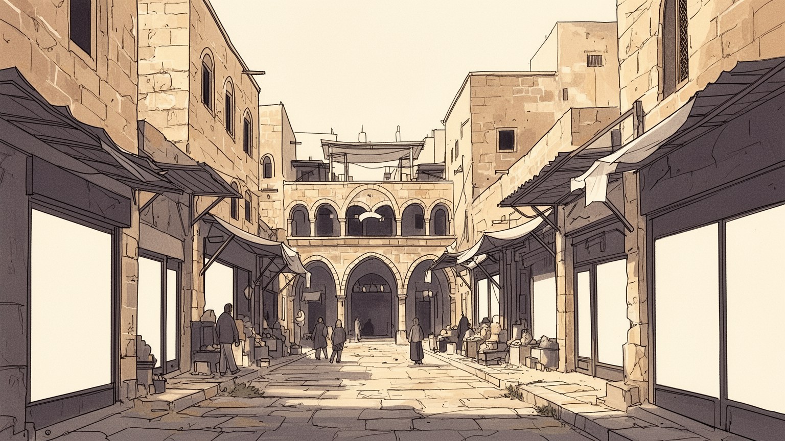 ダマスカスの旧市街とオアシスを抽象的に表すイラスト