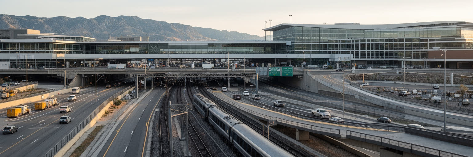 デンバー国際空港、鉄道、幹線道路、倉庫、広域交通を表す景観