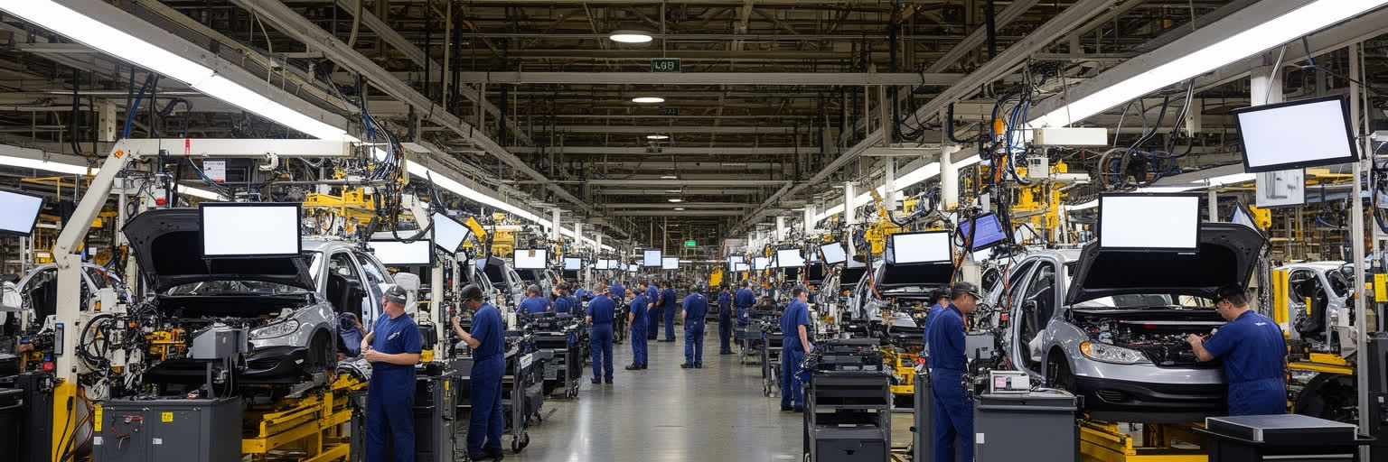 デトロイトの自動車工場、組立ライン、部品物流、研究開発施設が重なる産業景観
