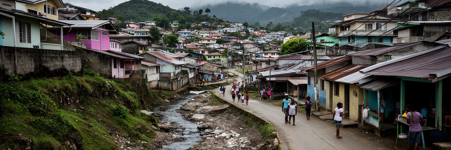 ディリの住宅地、斜面、雨季の排水、水道、生活道路を表す景観