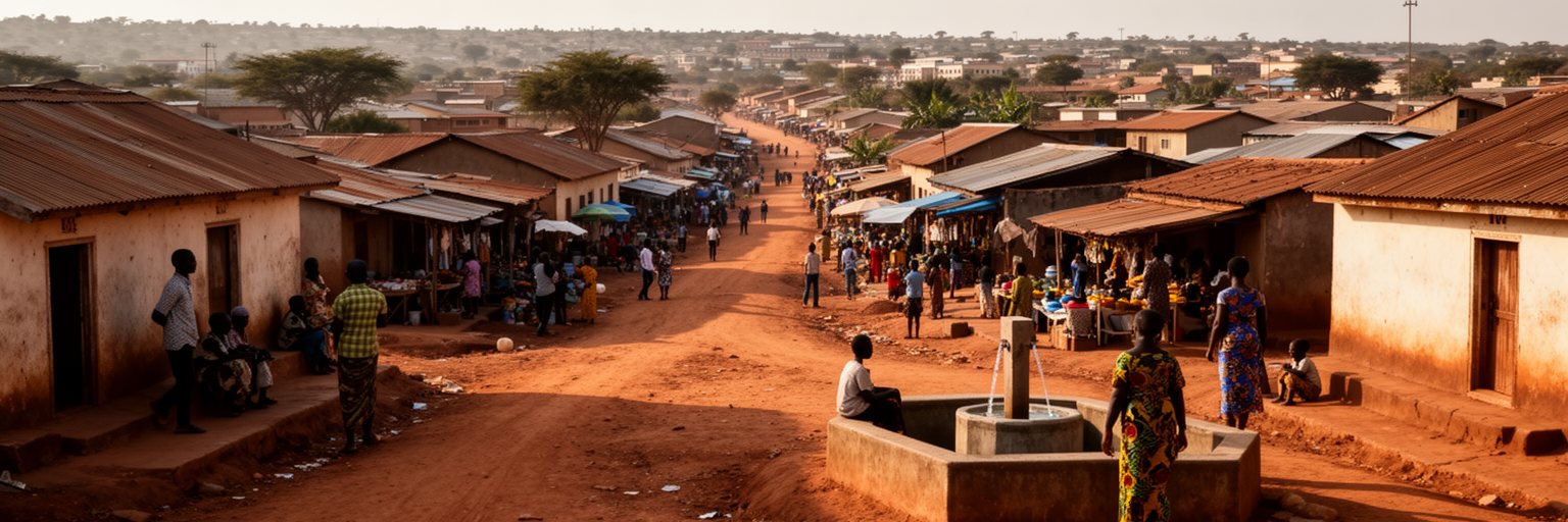 ドドマの住宅地、市場、未舗装道路、井戸、日陰で過ごす人々の生活景観