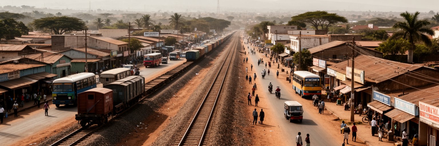 ドドマを通る中央鉄道、幹線道路、バス、貨物の国土回廊を表す景観